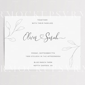 Puede incluir: Una invitaci&oacute;n de boda con un dise&ntilde;o sencillo que presenta un motivo floral y los nombres "Oliver & Sarah" en letra cursiva. La invitaci&oacute;n detalla la fecha, la hora y el lugar de la boda: viernes 7 de septiembre, Tree O'Clock en la tarde, Blue Ranch Farm, North Garden, VA.