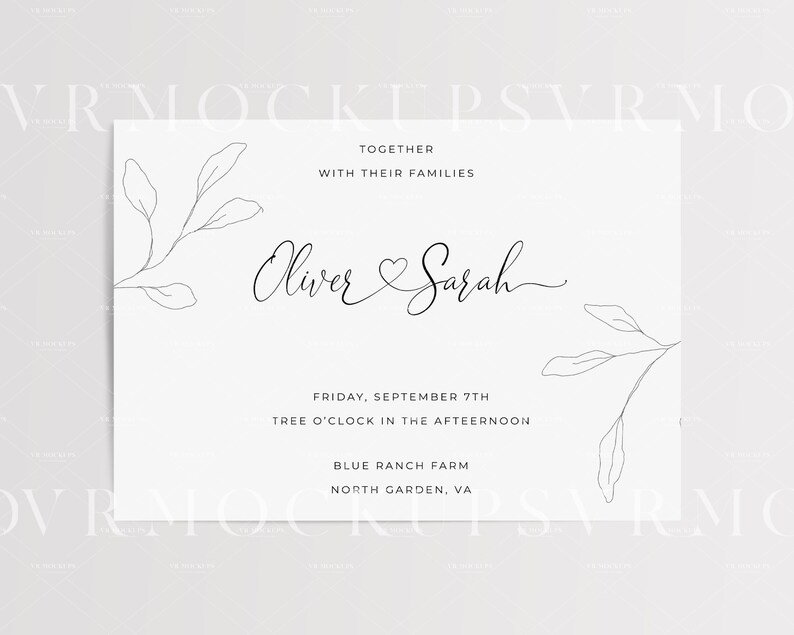 Puede incluir: Una invitaci&oacute;n de boda con un dise&ntilde;o sencillo que presenta un motivo floral y los nombres "Oliver & Sarah" en letra cursiva. La invitaci&oacute;n detalla la fecha, la hora y el lugar de la boda: viernes 7 de septiembre, Tree O'Clock en la tarde, Blue Ranch Farm, North Garden, VA.