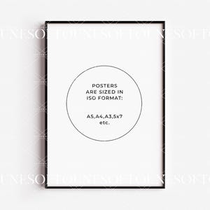 May include: A black framed poster with white text that reads "Posters are sized in ISO format: A5, A4, A3, 5x7 etc."