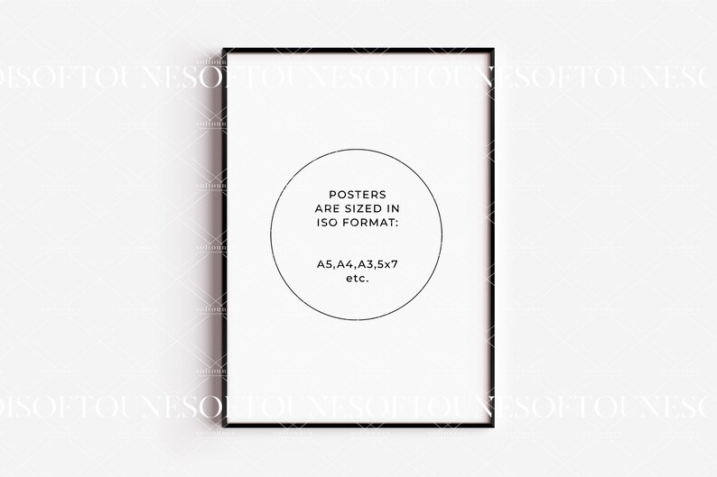 May include: A black framed poster with white text that reads "Posters are sized in ISO format: A5, A4, A3, 5x7 etc."