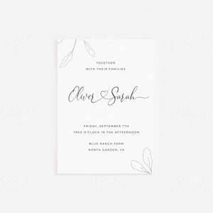 May include: Wedding invitation with a simple design featuring the names Oliver and Sarah, a heart, and floral accents. The invitation details the date, time, and location of the wedding ceremony.