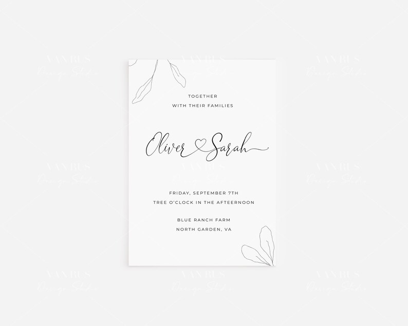 May include: Wedding invitation with a simple design featuring the names Oliver and Sarah, a heart, and floral accents. The invitation details the date, time, and location of the wedding ceremony.