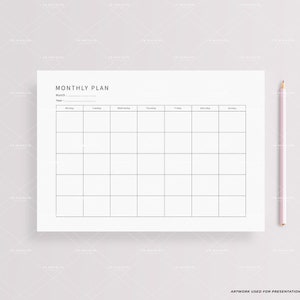 May include: A blank monthly planner template with the words "Monthly Plan" at the top. The planner has spaces for each day of the week, Monday through Sunday.