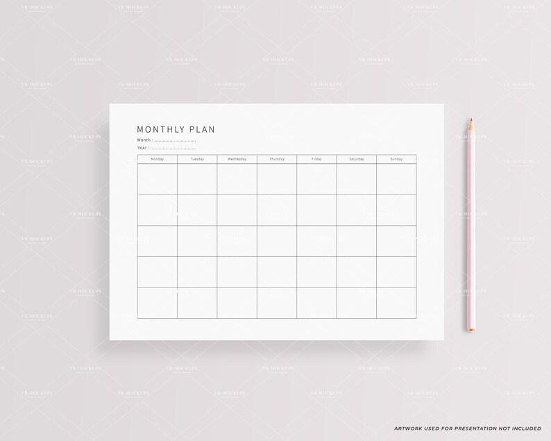 May include: A blank monthly planner template with the words "Monthly Plan" at the top. The planner has spaces for each day of the week, Monday through Sunday.