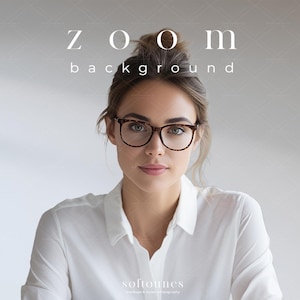 Puede incluir: Una mujer con gafas y una camisa blanca. La imagen tiene el texto "ZOOM background" en blanco en la parte superior y el nombre "softounes" en la parte inferior. El fondo es de color gris claro.