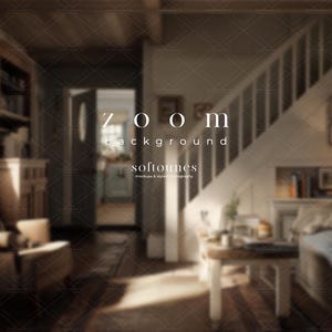 May include: A cozy interior scene with soft lighting, featuring a staircase, armchair, and sofa. The image has a warm color palette and includes the text "zoom background softtones."