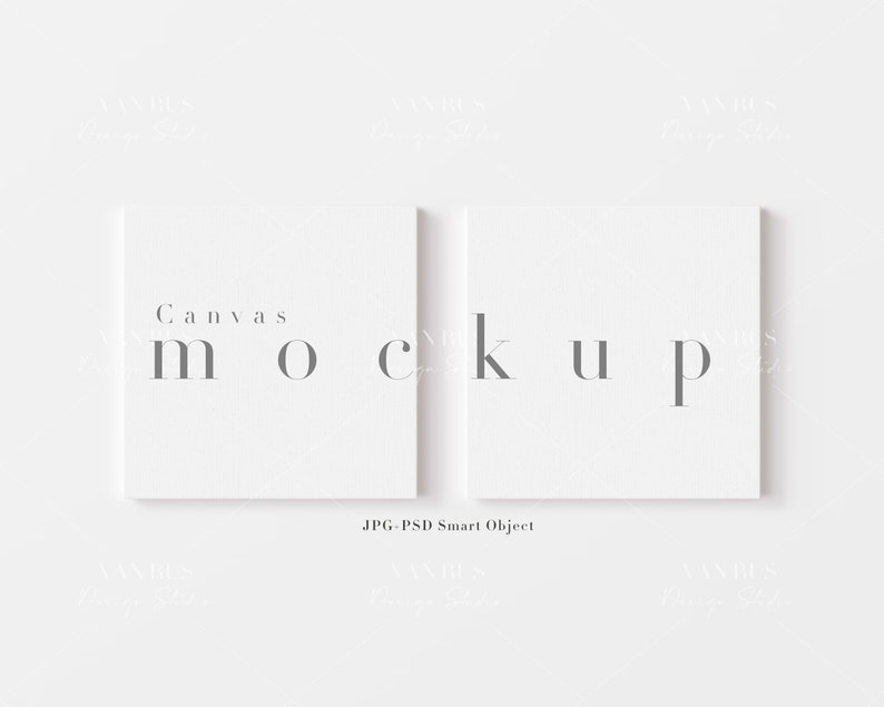 Puede incluir: Dos lienzos blancos con el texto "Canvas Mockup" impreso en gris sobre ellos. Los lienzos est&aacute;n sobre un fondo blanco.