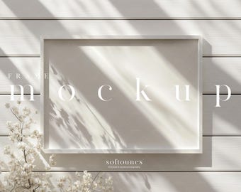 Horizontal White Frame Mockup on White Wooden Wall with Flower Tree