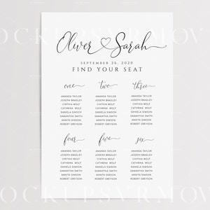 May include: A wedding seating chart with the names "Oliver & Sarah" and the date "September 26, 2020". The chart is divided into six sections labeled "one", "two", "three", "four", "five", and "six". Each section lists the names of guests.