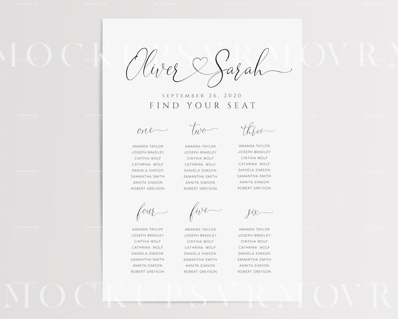 May include: A wedding seating chart with the names "Oliver & Sarah" and the date "September 26, 2020". The chart is divided into six sections labeled "one", "two", "three", "four", "five", and "six". Each section lists the names of guests.