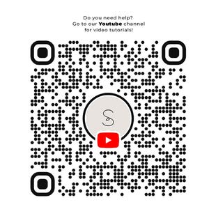 May include: Black and white QR code with a red YouTube play button and the letter "S" in a circle. The text "Do you need help? Go to our Youtube channel for video tutorials!" is above the QR code.