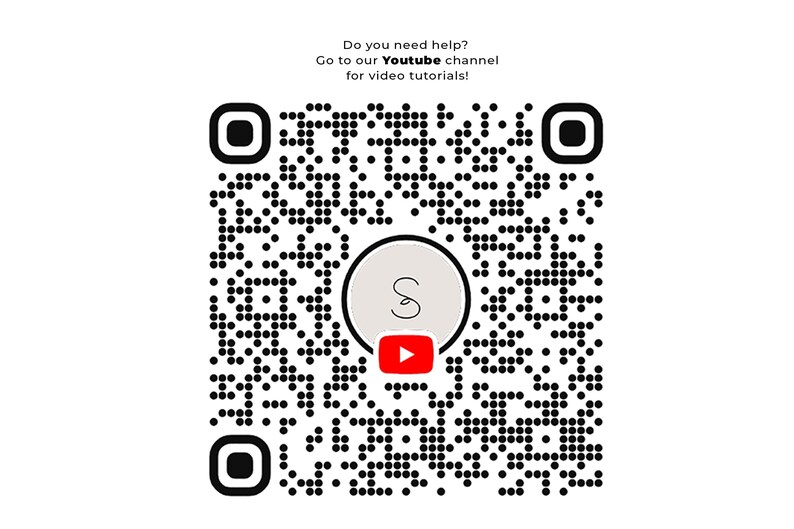 May include: Black and white QR code with a red YouTube play button and the letter "S" in a circle. The text "Do you need help? Go to our Youtube channel for video tutorials!" is above the QR code.