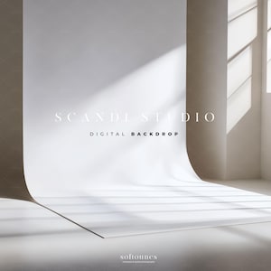 May include: A minimalist studio backdrop with a curved white surface and soft shadows. The text "SCANDI STUDIO DIGITAL BACKDROP" is displayed in a clean, modern font. The bottom of the image includes the text "softounes".