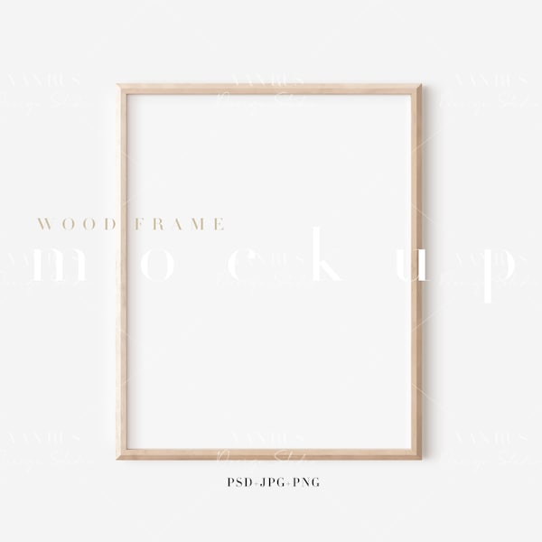 8X10 Wood Frame Mockup/ Modern Digital Mockup/Minimalist Wood Framed Art Display/ Vertical Frame Template/ PNG JPG PSD Smart Object/N118