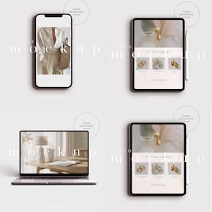 May include: A mockup image featuring a smartphone, two tablets, and a laptop. The screens display a person in neutral tones, a jewelry collection, and a room interior. The text "PHONE mockup", "IPAD mockup", and "LAPTOP mockup" is visible.
