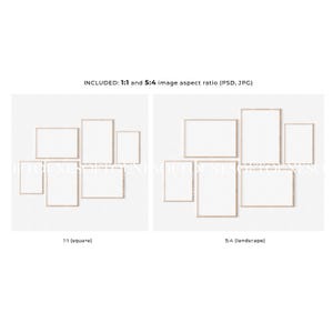 May include: A mockup of a wall gallery featuring eight frames in two different aspect ratios: 1:1 (square) and 5:4 (landscape). The frames are arranged in two rows, with the square frames on the left and the landscape frames on the right. The frames are all empty and have a light wood finish.
