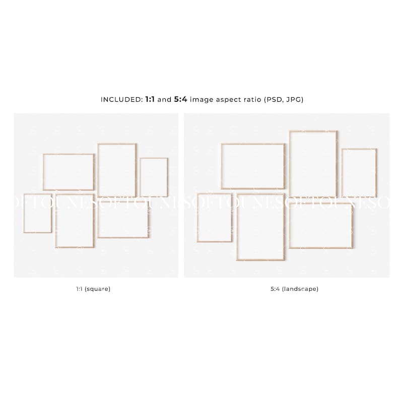 May include: A mockup of a wall gallery featuring eight frames in two different aspect ratios: 1:1 (square) and 5:4 (landscape). The frames are arranged in two rows, with the square frames on the left and the landscape frames on the right. The frames are all empty and have a light wood finish.