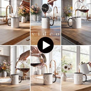 May include: A series of images showing coffee being poured into a white mug with a black handle and rim. The mug sits on a wooden countertop near a copper faucet and a vase of flowers. The word "video" is visible.