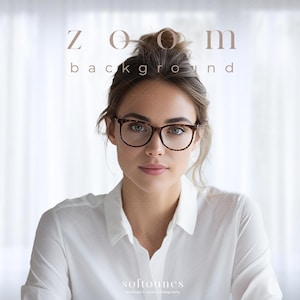 Puede incluir: Una mujer con gafas y una camisa blanca. La imagen tiene el texto "ZOOM background" en la parte superior y "softounes" en la parte inferior. El fondo es de un color suave y neutro.