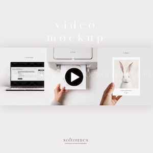 May include: A video mockup demonstrating the process of downloading, printing, and using a greeting card. The card displays a watercolour illustration of a white rabbit with the text "Happy Birthday". The image includes a laptop, printer, and the finished card.