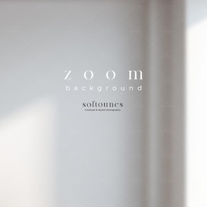Puede incluir: Un fondo gris claro minimalista con las palabras "zoom background" en una fuente limpia y sans-serif. El texto "softounes" está debajo, con el lema "mockups & styled photography". La imagen tiene una luz suave y difusa.