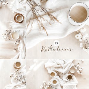 May include: A flat lay composition with rustic linens. The image includes white cups, a white scarf, and sprigs of white flowers and wheat on a light wooden surface. The text "27 Rustic Linens" is also visible.