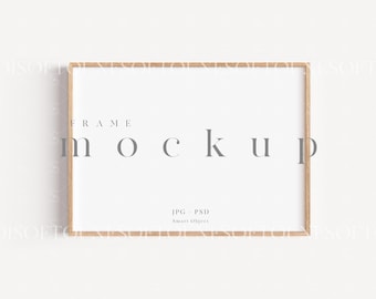 May include: A light brown wood frame mockup with the text "FRAME MOCKUP JPG - PSD Smart Objects" on a white background.