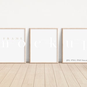 8x10 Wood Frame Mockup Set of 3/Minimalist Wood Framed Art Display/Simple Vertical Digital Frame Template/ PNG JPG PSD Smart Object/N372
