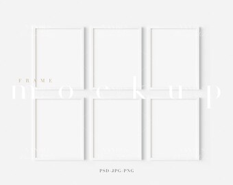 May include: Six white picture frames arranged in a grid pattern on a white wall. The frames are all the same size and have a simple, modern design.
