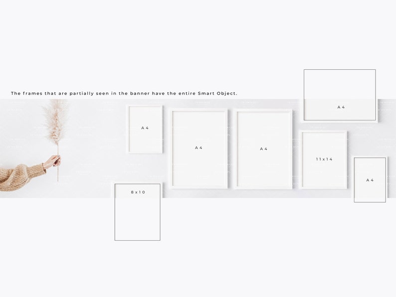 May include: A white wall with six picture frames of different sizes. The frames are all white and have a simple design. The frames are labelled with their sizes: A4, 8x10, 11x14. The frames are arranged in a row across the wall.