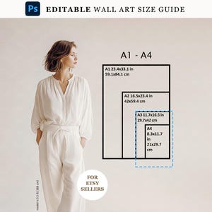 Etsyセラー向け編集可能な縦型ウォールアートサイズガイド（女性モデル使用）/デジタル印刷フレーム比率ポスター比較表/JPG PSD/L168