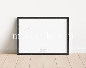 May include: Black frame mockup with the text "FRAME MOCKUP" and "JPG, PSD Smart Object" on a white wall and wood floor.