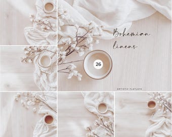 Boho Flatlay Mockup Bundle: Neutral Linens, Artistic Backgrounds (Digital Download)