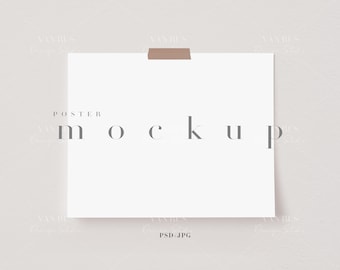 May include: A white poster mockup with the word "POSTER MOCKUP" printed in gray text at the top. The poster is taped to a light beige wall.