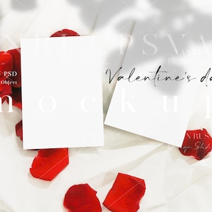 5x7 Valentine&#39;s Day Card Mockup Duo/Invitation Mockup/Red Rose Shadow Overlay Mockup/Romantic Card for Valentine/JPG PSD Smart Object/D122