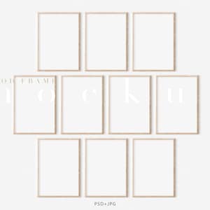 May include: Nine wood frames in a light brown color, arranged in a grid pattern on a white background. The frames are empty and ready for artwork or photos.