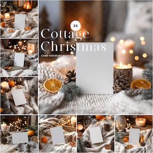 May include: A collection of card mockups with a cozy Christmas theme. The images feature blank white cards, candles, pinecones, dried orange slices, and soft, textured blankets. The text "Cottage Christmas Card Mockups Bundle" is visible.