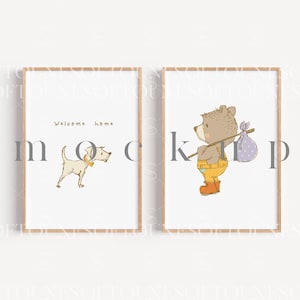 May include: Two framed illustrations, one with a white dog and the text "Welcome home" and the other with a brown bear carrying a purple bag.