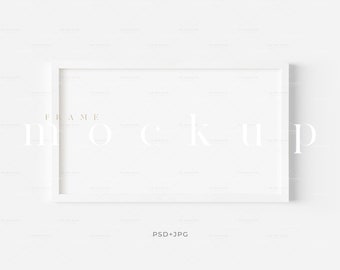 May include: A white rectangular frame mockup with the word "FRAME" and "mockup" in a light gold color. The text "PSD+JPG" is at the bottom. The frame is centered on a white background.