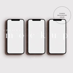 以下が含まれることがあります： 白画面の黒いスマートフォンが3台横に並んでいます。「iPHONE mockup」の文字が白で表示され、下部に「softounes」の文字があります。右上には「CHANGE BACKGROUND COLOR」の文字が入った円があります。
