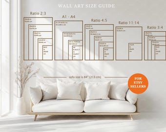 Könnte beinhalten: Wandkunst-Größenübersicht mit Abmessungen in Zoll und Zentimetern. Enthält die Verhältnisse 2:3, 4:5, 11:14 und 3:4, mit Größen wie 61x91 cm und 51x76 cm. Darunter ist ein Sofa mit einer Größe von 213 cm abgebildet.
