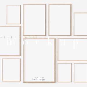Gallery Wall Mockup/Wood Frames/Minimalist Wooden Framed Art Display with 10 Frames/Frame Mockup Template/JPG PSD Smart Object/M29