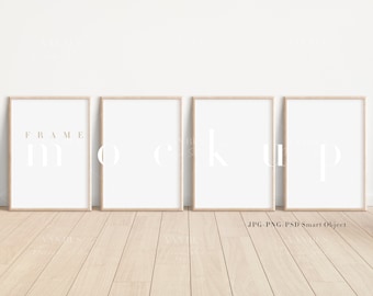 Houten Frame Mockup Set van 4 / Minimalistische A4 Hout Framed Art Display / Eenvoudige Verticale Digitale Frame Sjabloon / PNG JPG PSD Smart Object / N142