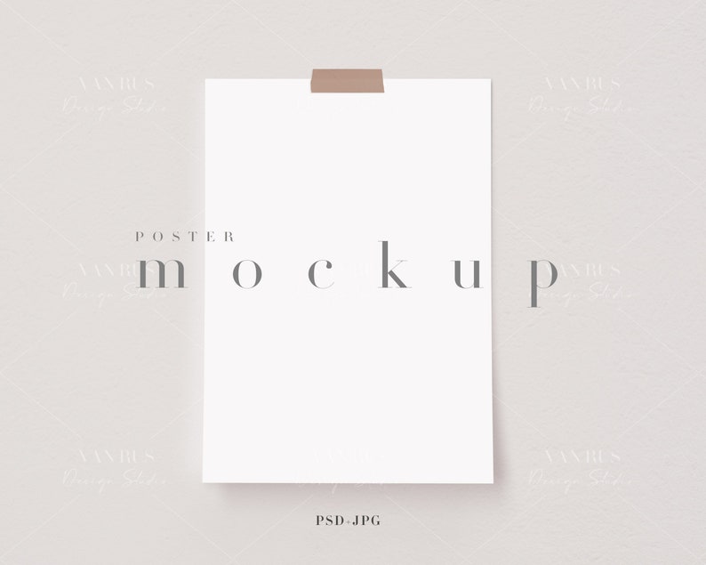 May include: A white poster mockup with the word "POSTER MOCKUP" printed in gray text at the top. The poster is taped to a light gray textured background.