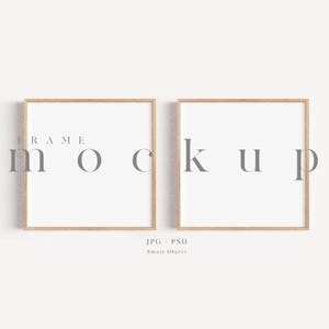 May include: Two square wooden picture frames with white interiors are displayed side-by-side. The frames have a light brown wood grain finish. The word "FRAME" is above the word "mockup" in grey letters. The image is a mockup for art prints.