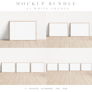 Puede incluir: Paquete de maquetas de 10 marcos blancos A4 en 4 diseños diferentes. Los marcos son de madera y tienen un acabado marrón claro. Los marcos están dispuestos en un suelo de madera clara contra una pared blanca.