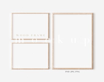 Gallery Wall Mockup: A4 Wood Frame, 3 Frames (PNG JPG PSD)