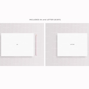 May include: Two white card mockups with the words "A4" and "Letter (8.5x11)" printed on them. Each card is next to a pink pencil on a light gray textured background.