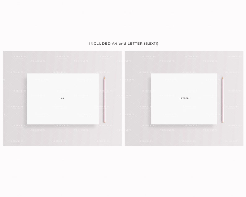 May include: Two white card mockups with the words "A4" and "Letter (8.5x11)" printed on them. Each card is next to a pink pencil on a light gray textured background.