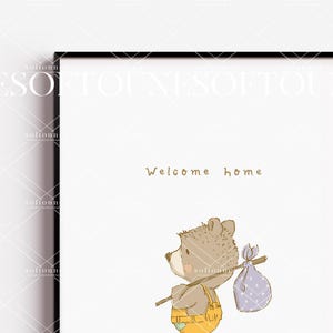 May include: A brown bear with a yellow and blue outfit carries a purple polka dot bag on a stick. The text "Welcome home" is written in brown above the bear.